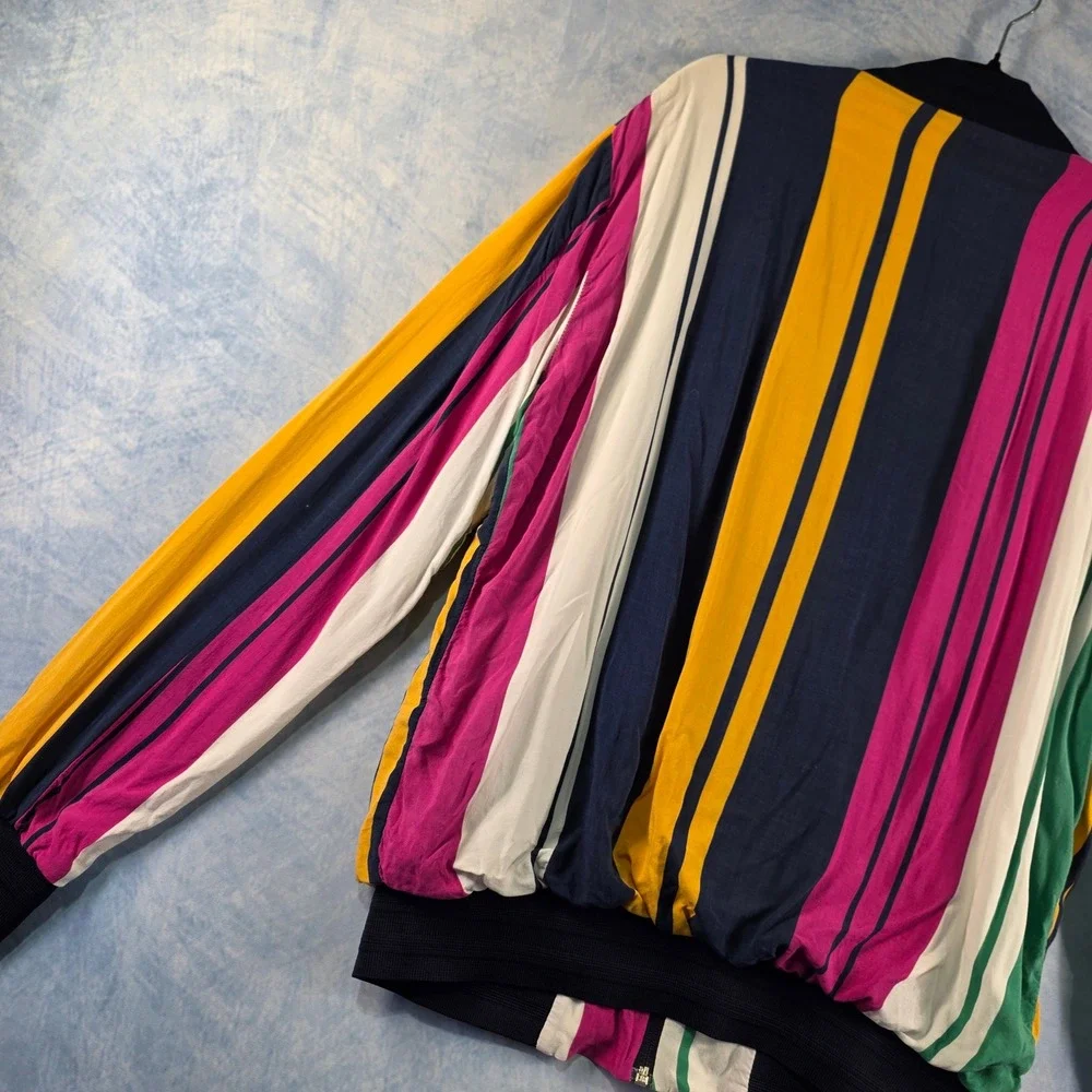 Zara Mens Vertical Stripe Bomber Jacket Navy Blue Magenta Yellow Size M Zip Up